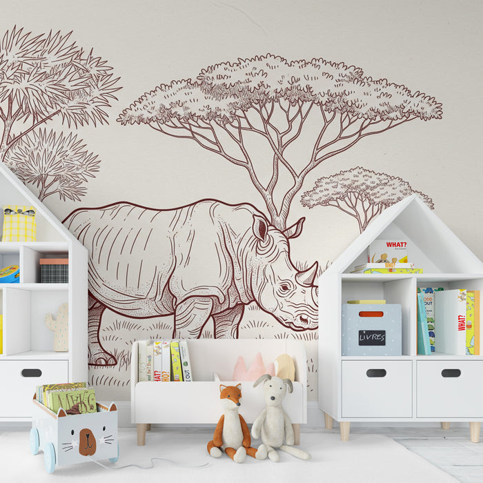 Papier peint chambre enfant | Élégantes rhinocéros dans la savane