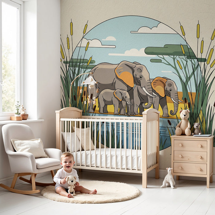 Tapet barnerom | Elegante elefanter ved vannkanten i et naturlandskap
