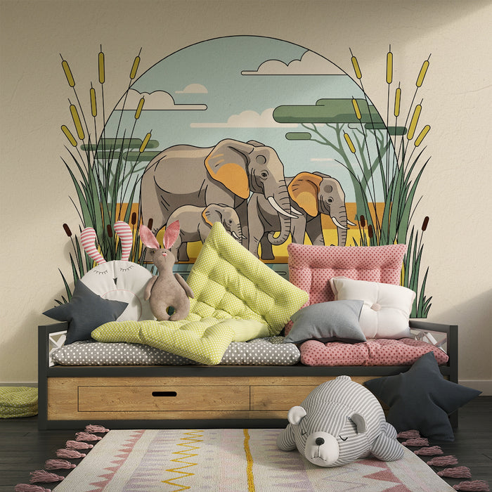 Tapet barnerom | Elegante elefanter ved vannkanten i et naturlandskap