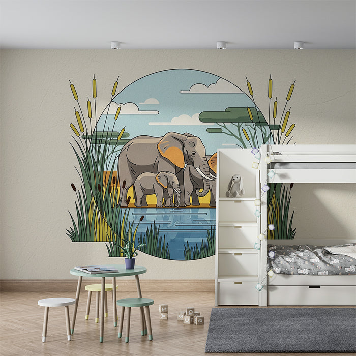 Tapet barnerom | Elegante elefanter ved vannkanten i et naturlandskap