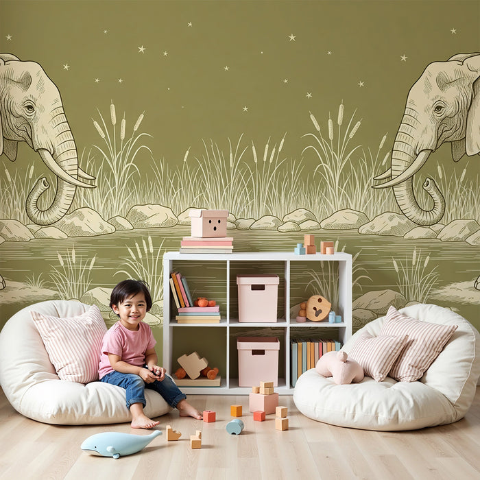 Tapeta do detskej izby | Elegantné slony pri vode pod hviezdnou oblohou