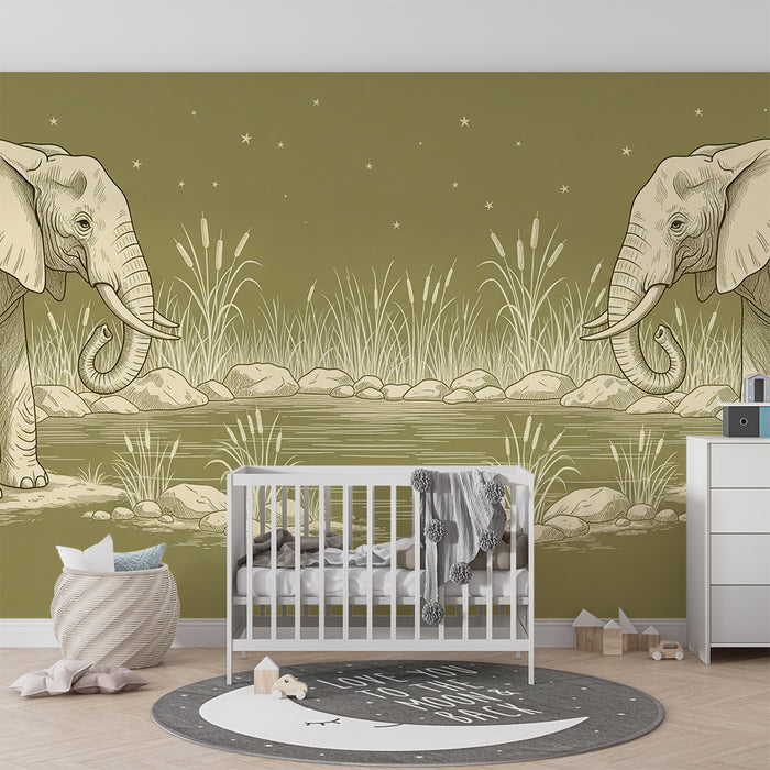 Tapeta do detskej izby | Elegantné slony pri vode pod hviezdnou oblohou