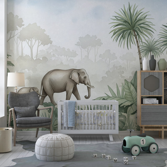 Papier peint chambre enfant | Élégants éléphants dans la jungle