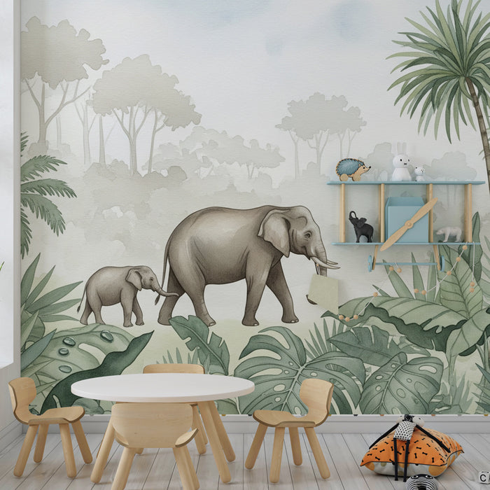 Papier peint chambre enfant | Élégants éléphants dans la jungle