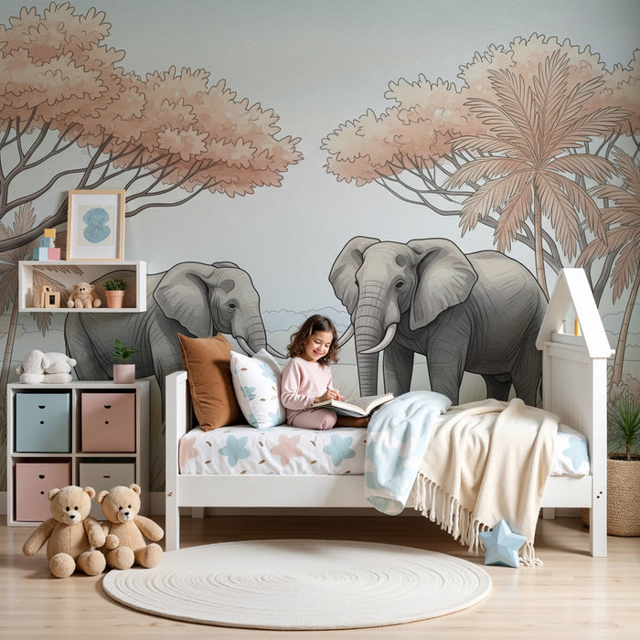 Papier peint chambre enfant | Élégants éléphants dans la savane