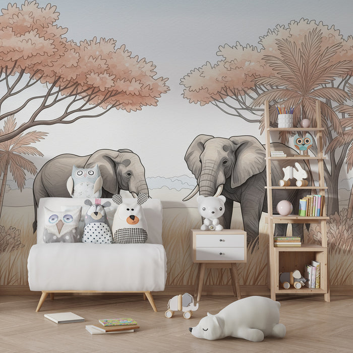 Papier peint chambre enfant | Élégants éléphants dans la savane