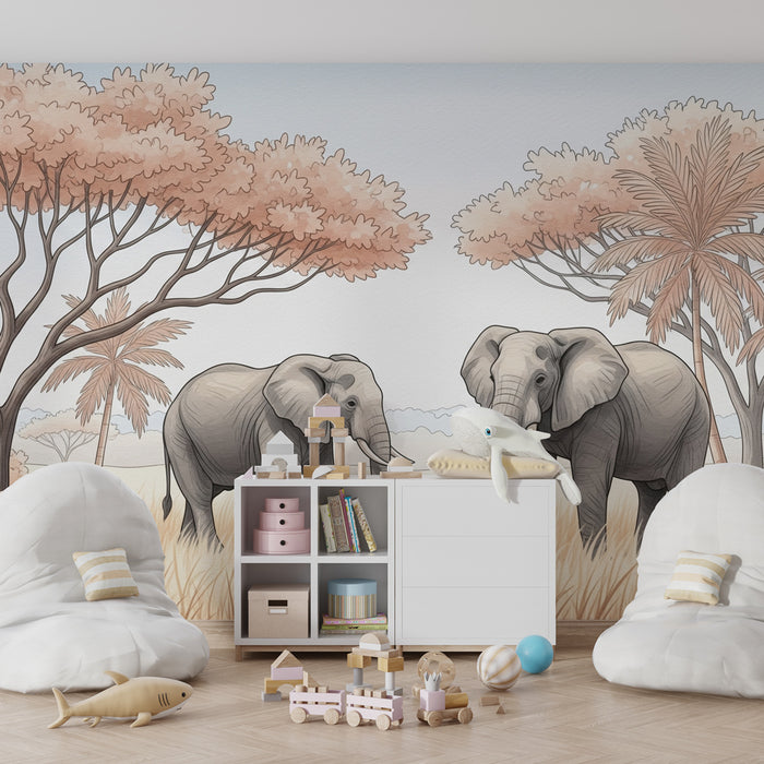 Papier peint chambre enfant | Élégants éléphants dans la savane