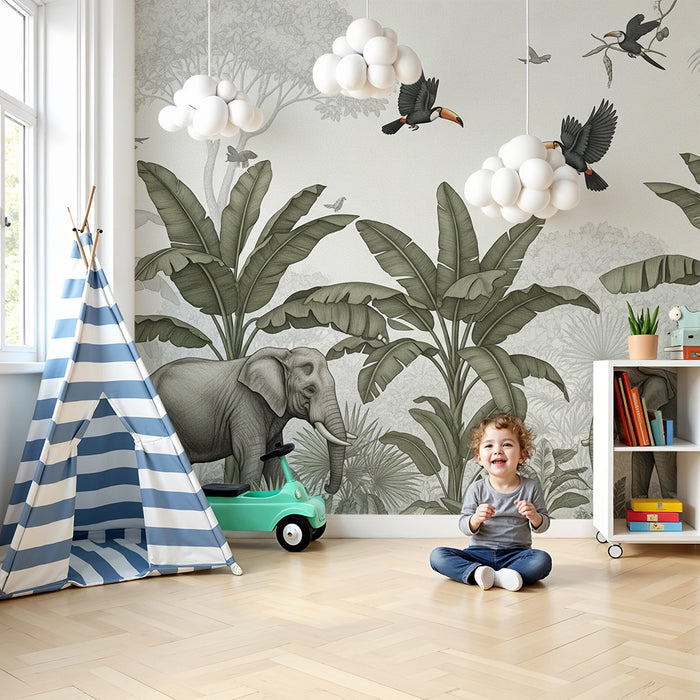 Carta da parati bambini | Eleganti elefanti in una giungla rilassante