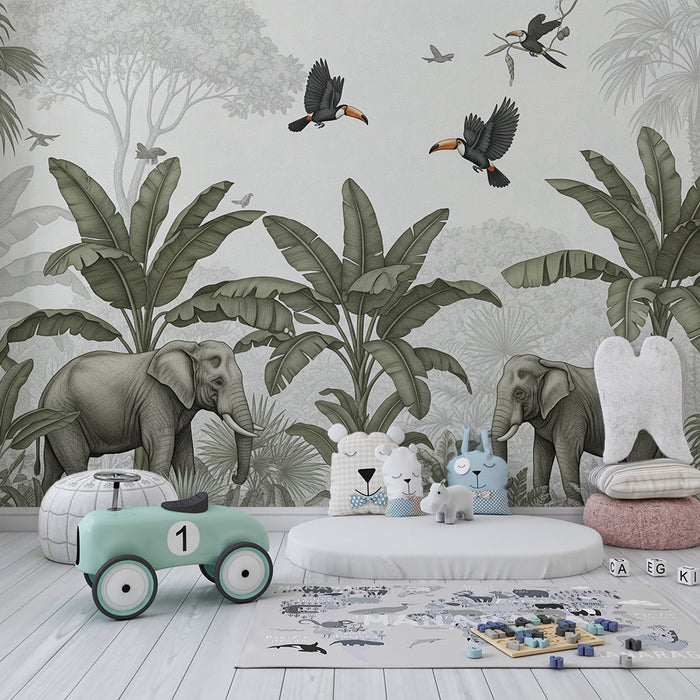 Carta da parati bambini | Eleganti elefanti in una giungla rilassante