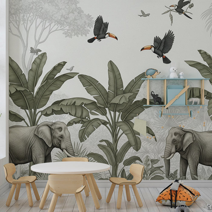 Carta da parati bambini | Eleganti elefanti in una giungla rilassante
