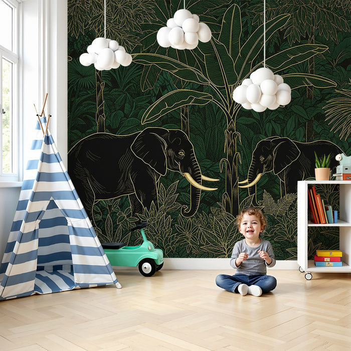 Kinderkamer behang | Elegante olifanten in een weelderige jungle