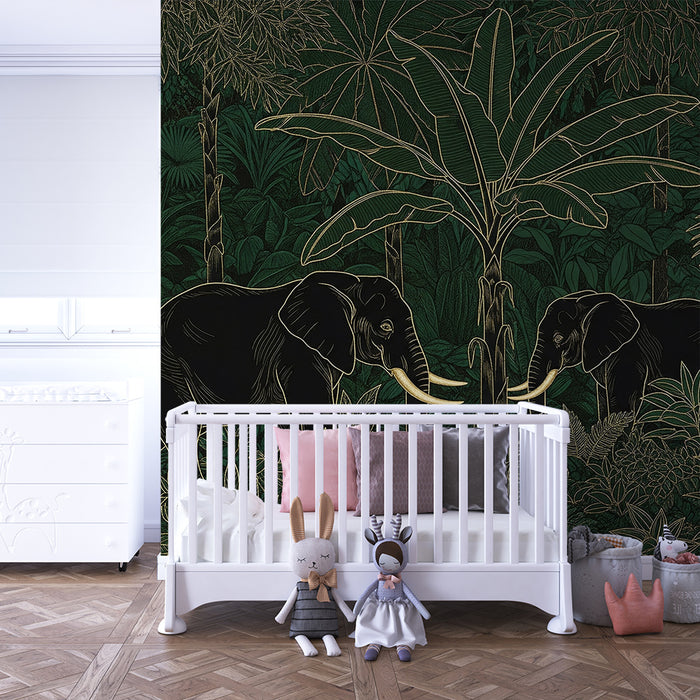 Kinderkamer behang | Elegante olifanten in een weelderige jungle
