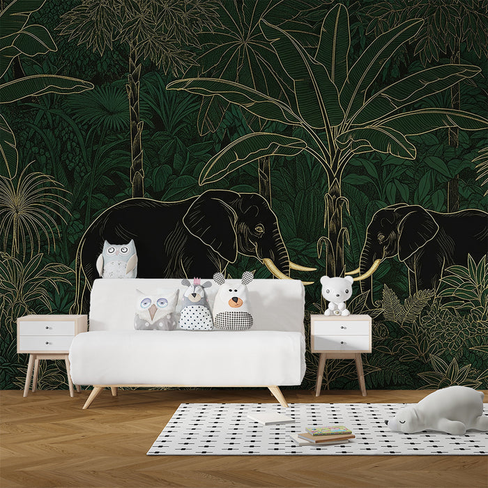 Kinderkamer behang | Elegante olifanten in een weelderige jungle