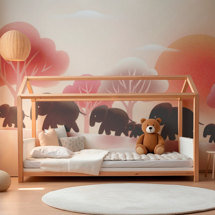 Papel de parede criança | Elegantes elefantes passeando sob um pôr do sol