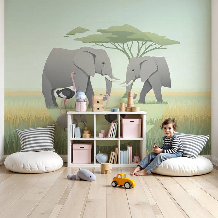 Χαρτί τοιχοποιίας παιδικού δωματίου | Κομψοί ελέφαντες και αλογονούς στη σαβάνα