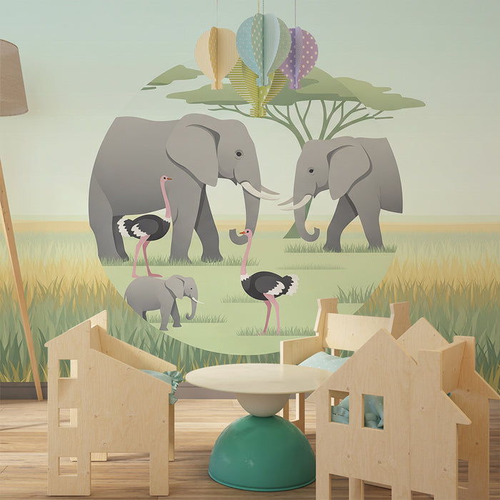 Χαρτί τοιχοποιίας παιδικού δωματίου | Κομψοί ελέφαντες και αλογονούς στη σαβάνα