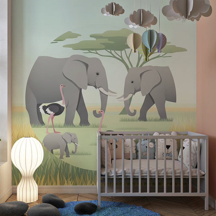 Χαρτί τοιχοποιίας παιδικού δωματίου | Κομψοί ελέφαντες και αλογονούς στη σαβάνα