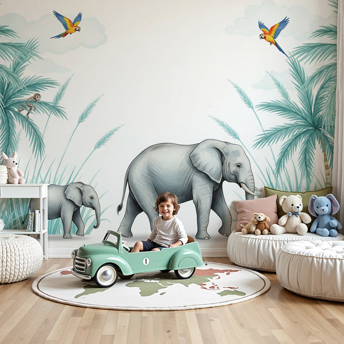 Carta da parati bambini | Eleganti elefanti e giungla tropicale con scimmie e pappagalli