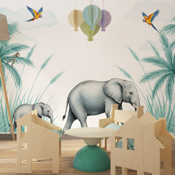 Carta da parati bambini | Eleganti elefanti e giungla tropicale con scimmie e pappagalli