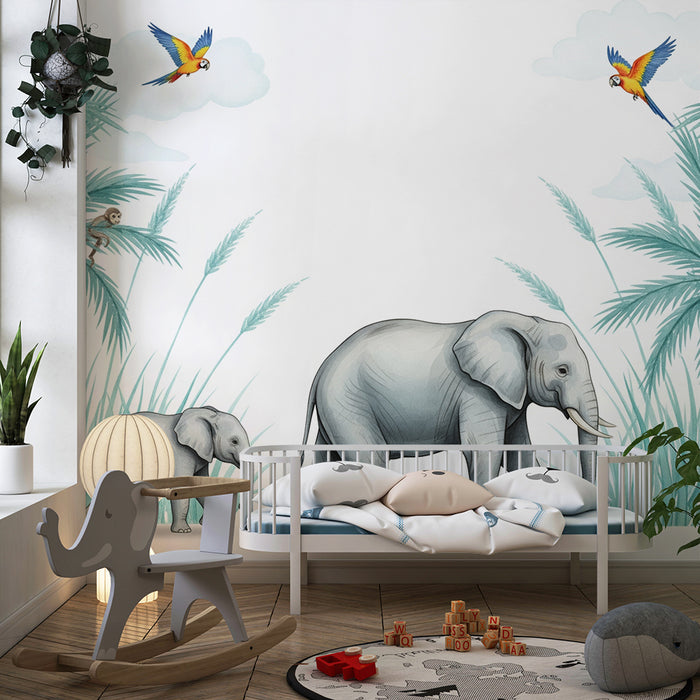 Carta da parati bambini | Eleganti elefanti e giungla tropicale con scimmie e pappagalli