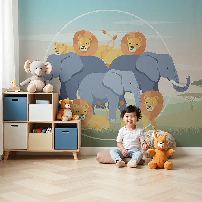 Tapet barnerom | Elegante elefanter og løver på savannen