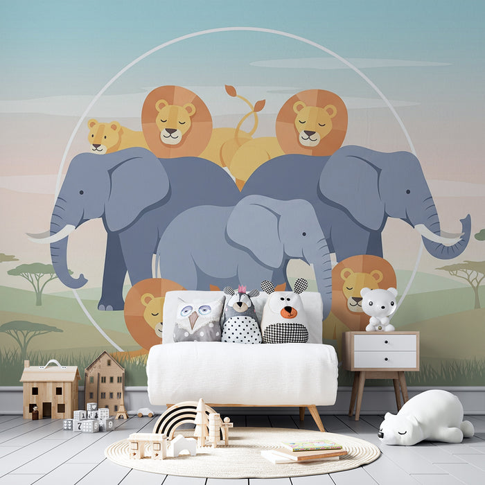 Tapet barnerom | Elegante elefanter og løver på savannen