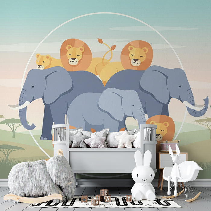 Tapet barnerom | Elegante elefanter og løver på savannen