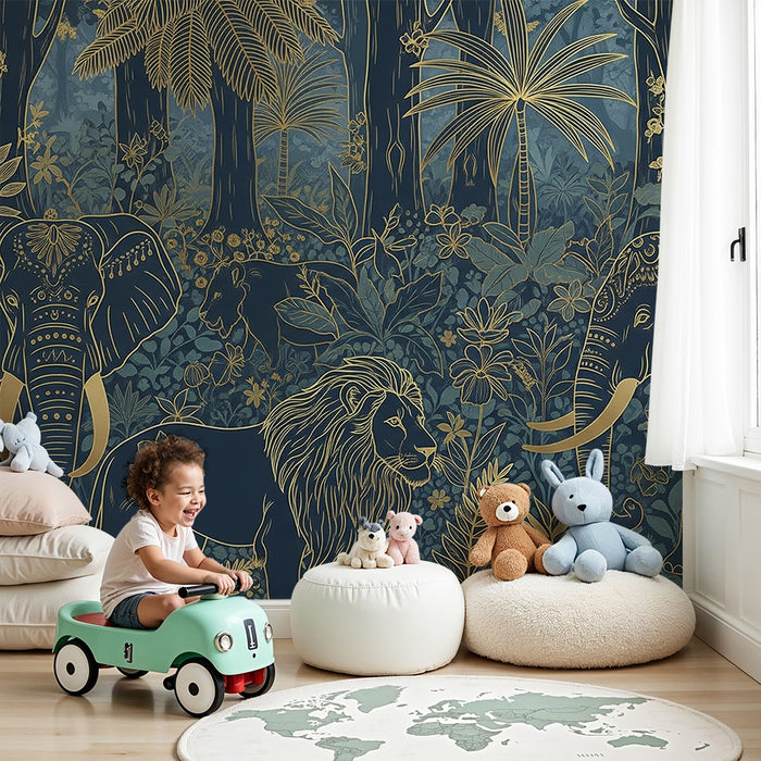 Kids room wallpaper | Elegant elephants and lions in a golden jungle