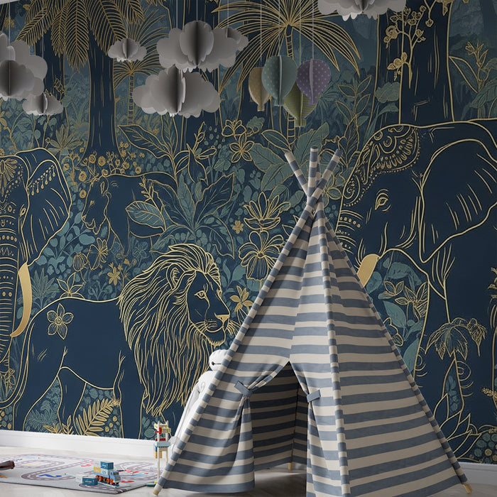 Kids room wallpaper | Elegant elephants and lions in a golden jungle