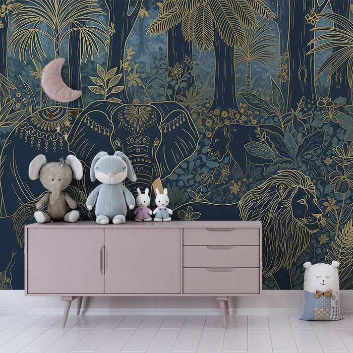 Kids room wallpaper | Elegant elephants and lions in a golden jungle