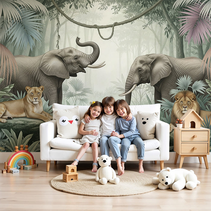 Kids room wallpaper | Elegant elephants and lions in a lush jungle