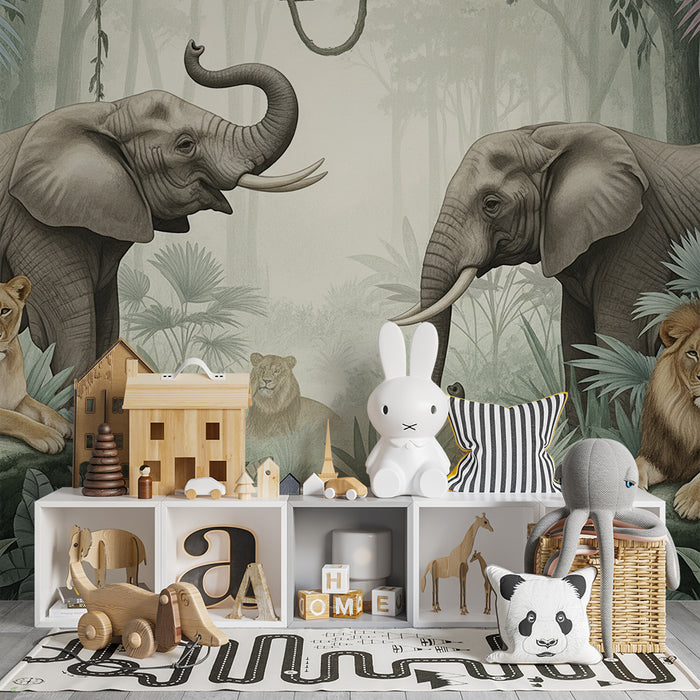 Kids room wallpaper | Elegant elephants and lions in a lush jungle