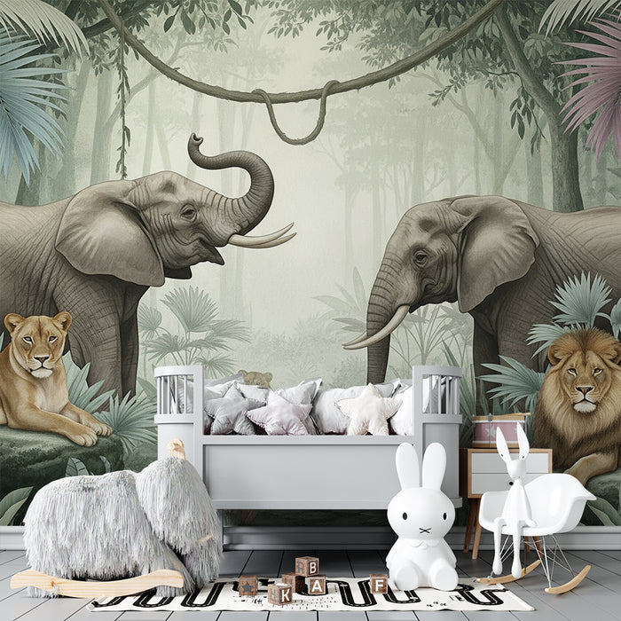 Kids room wallpaper | Elegant elephants and lions in a lush jungle
