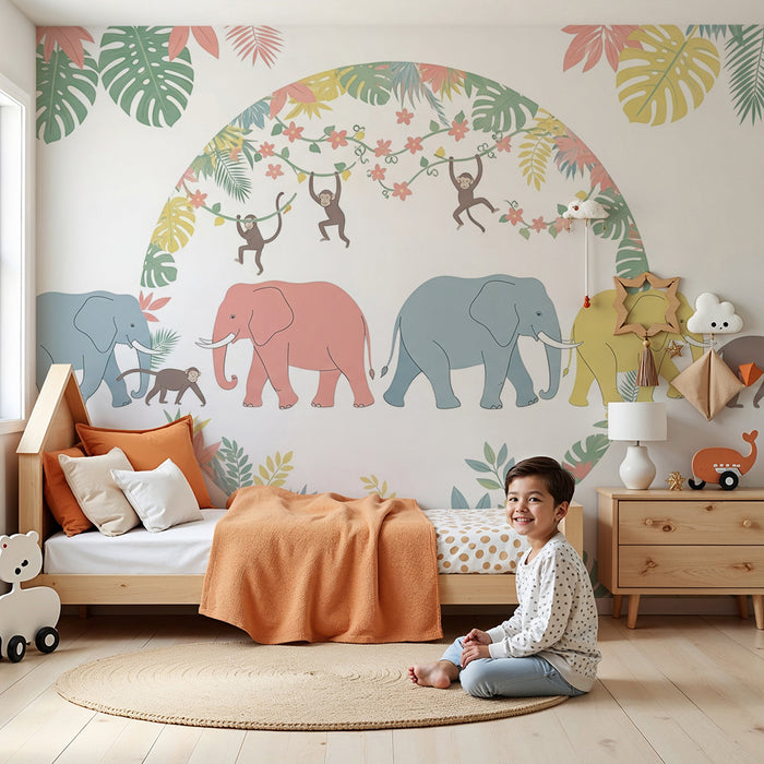 Χαρτί τοίχου παιδικού δωματίου | Κομψοί ελέφαντες και μαϊμούδες σε ένα πολύχρωμο ζούγκλα