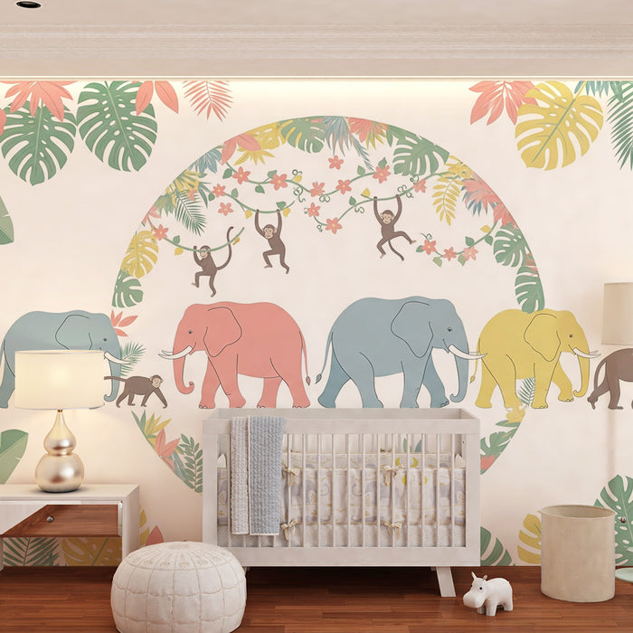 Χαρτί τοίχου παιδικού δωματίου | Κομψοί ελέφαντες και μαϊμούδες σε ένα πολύχρωμο ζούγκλα