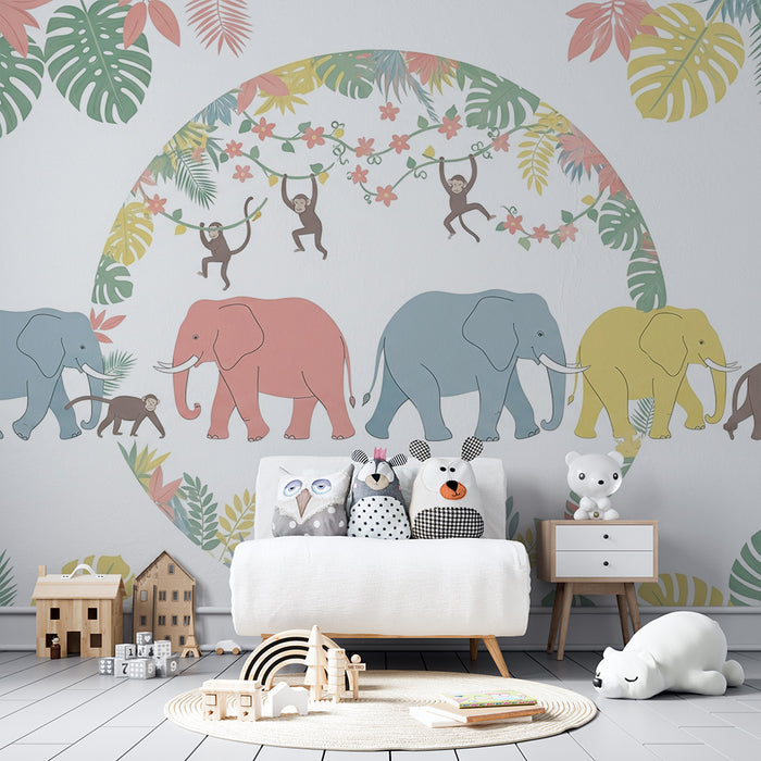 Χαρτί τοίχου παιδικού δωματίου | Κομψοί ελέφαντες και μαϊμούδες σε ένα πολύχρωμο ζούγκλα
