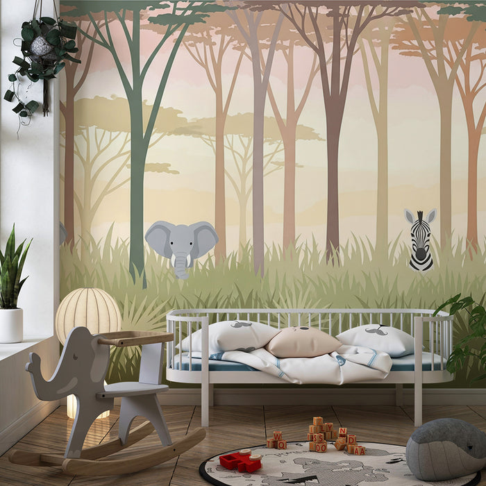 Detská izba tapeta | Elegántni slony a zebry na savane