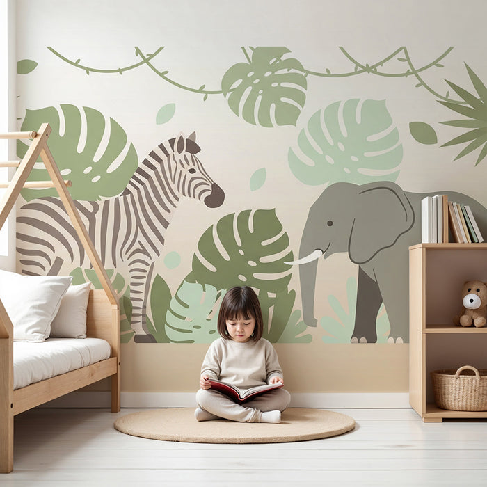 Papel de parede criança | Elefanti și zebre elegante într-o junglă liniștitoare