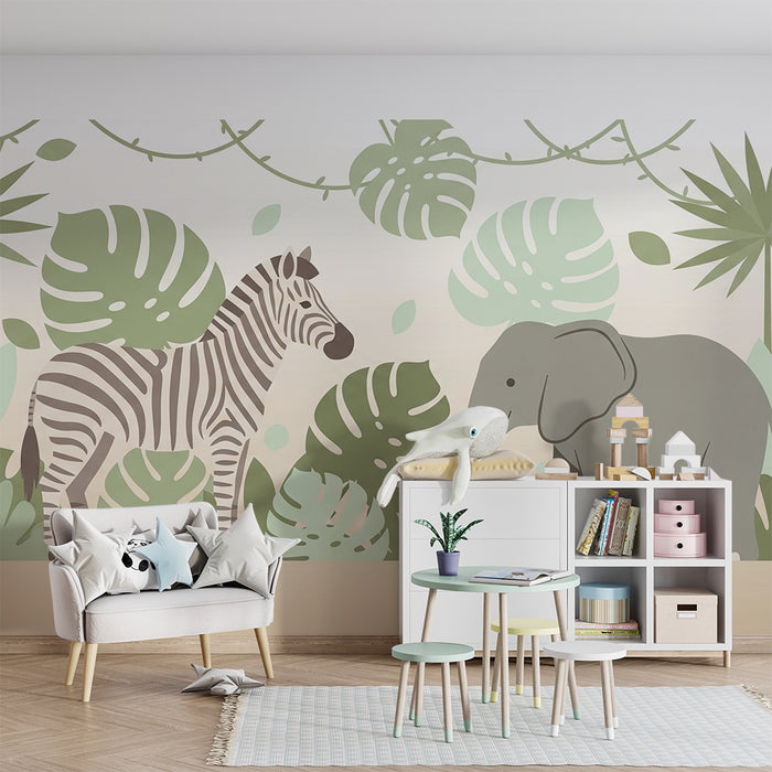 Papel de parede criança | Elefanti și zebre elegante într-o junglă liniștitoare