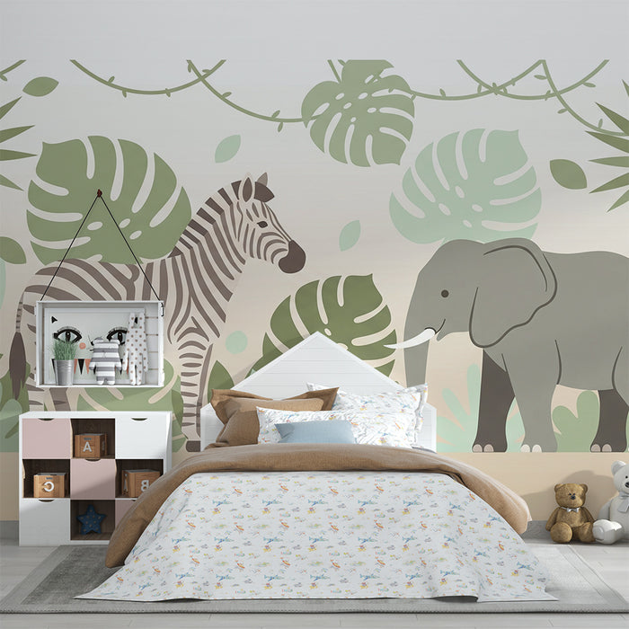 Papel de parede criança | Elefanti și zebre elegante într-o junglă liniștitoare