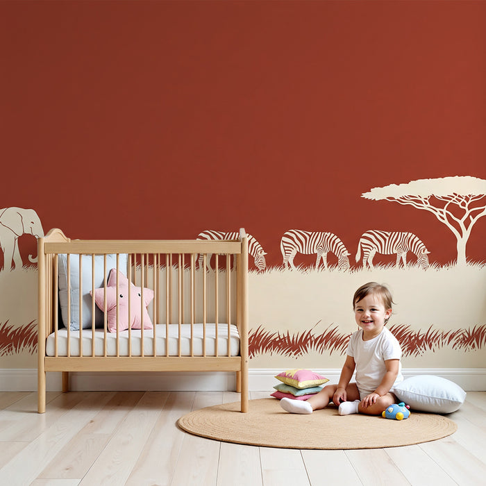 Papel de parede criança | Elegantes elefantes e zebras em fundo terracota