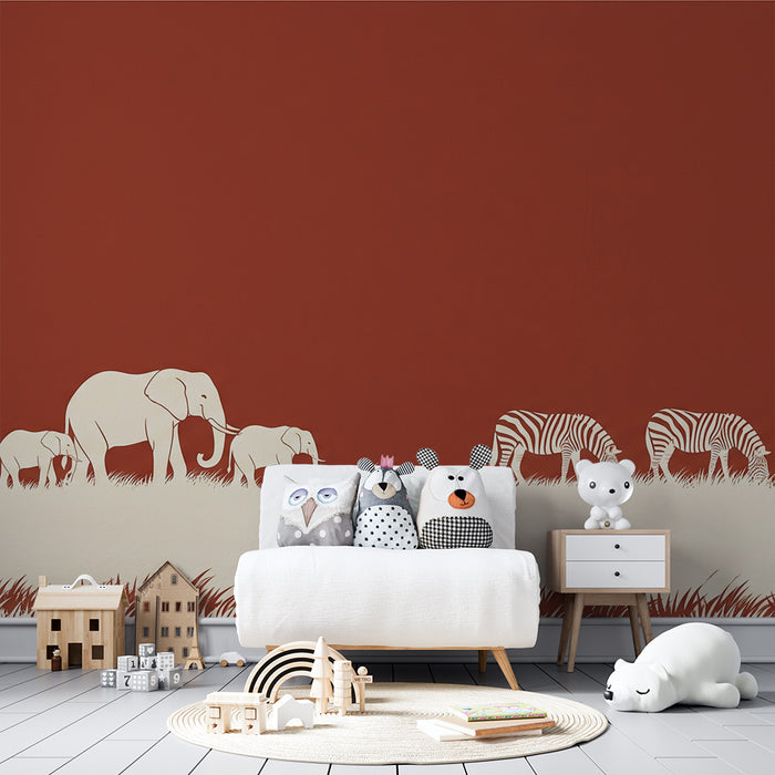 Papel de parede criança | Elegantes elefantes e zebras em fundo terracota