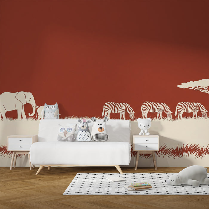 Papel de parede criança | Elegantes elefantes e zebras em fundo terracota