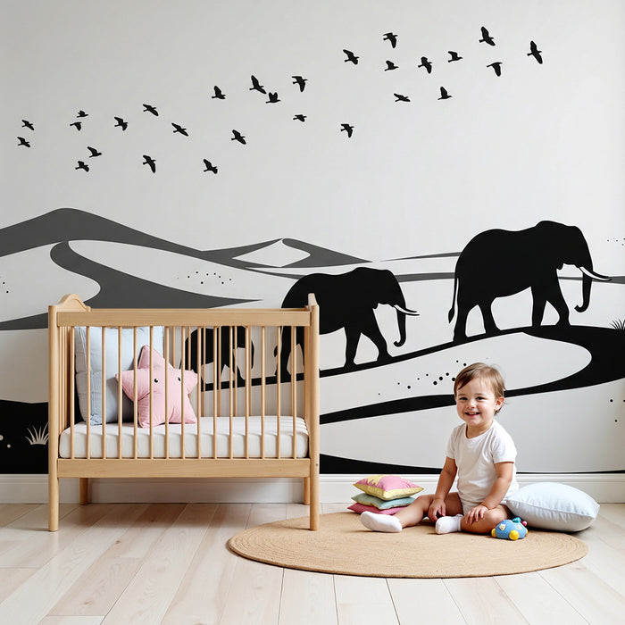 Papel pintado infantil | Elegantes elefantes en un paisaje minimalista