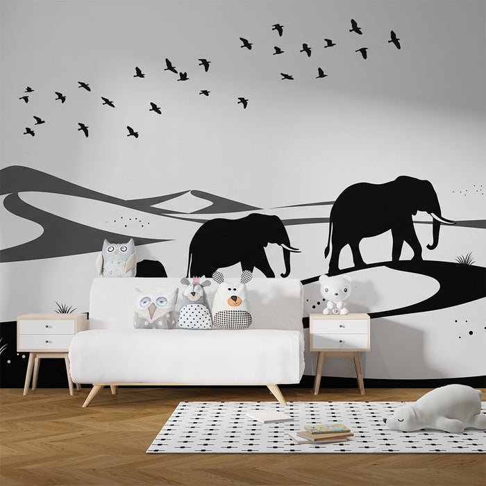 Papel pintado infantil | Elegantes elefantes en un paisaje minimalista