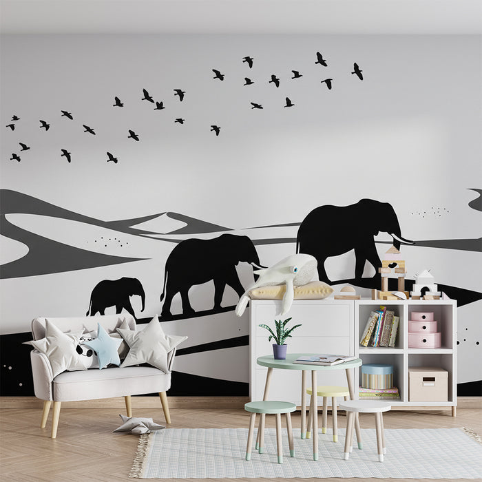 Papel pintado infantil | Elegantes elefantes en un paisaje minimalista