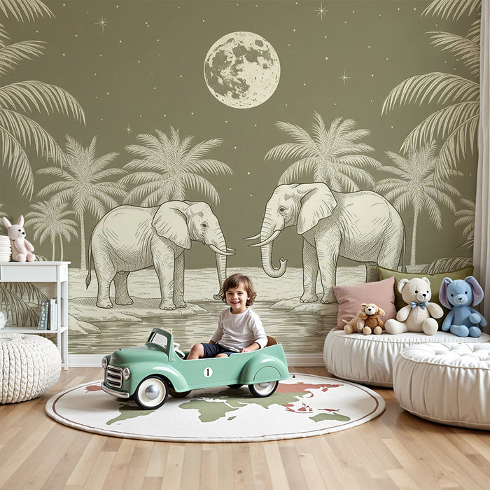 **Text tradus:**

Tapet cameră copii | Elefanți eleganți sub lună într-un decor tropical