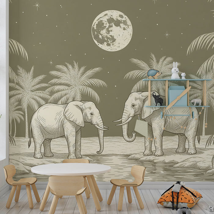 **Text tradus:**

Tapet cameră copii | Elefanți eleganți sub lună într-un decor tropical