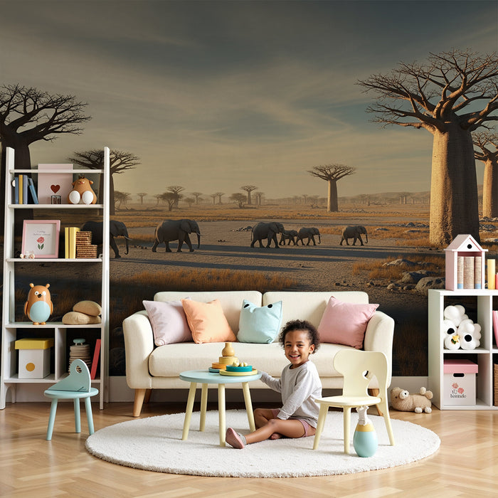 Tapet barnerom | Elegante elefanter under baobabtrær i et afrikansk landskap