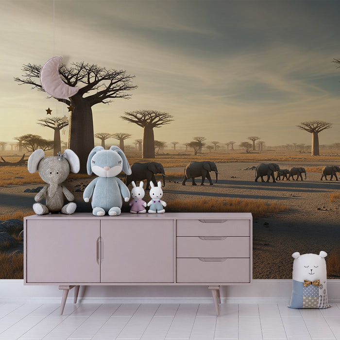 Tapet barnerom | Elegante elefanter under baobabtrær i et afrikansk landskap